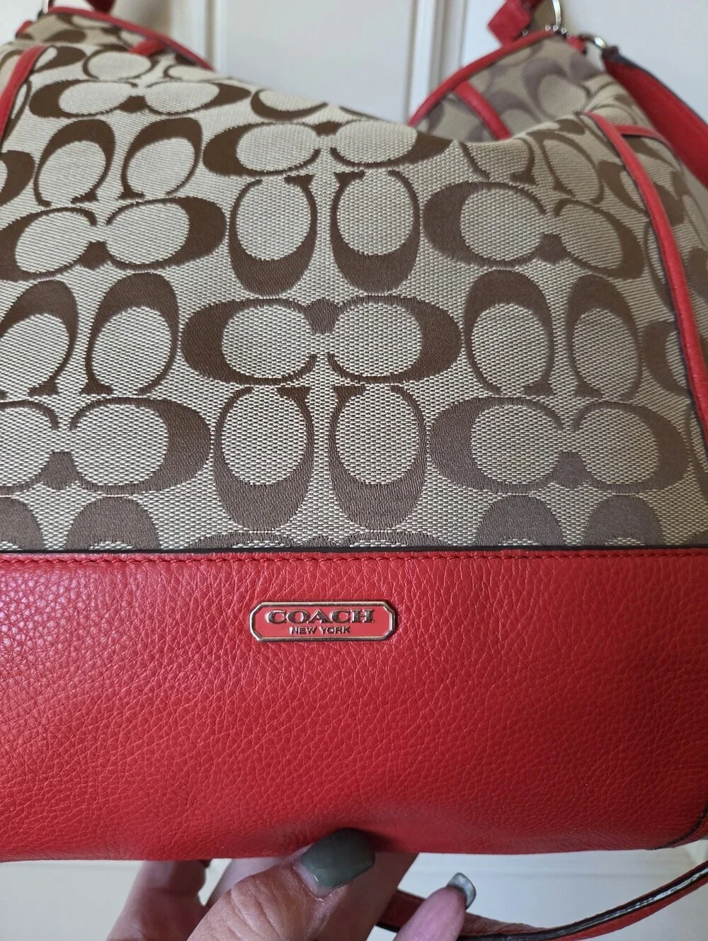 Coach Khaki Signature Canvas Hobo with Red Leather Trim 